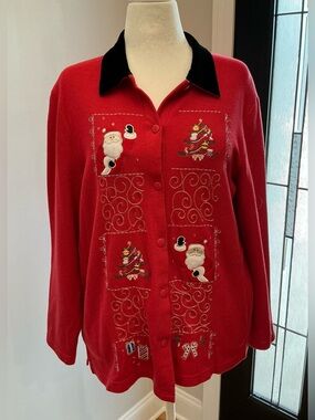 Designers Originals Red Embroidered Holiday Button-Up Cardigan with Black Collar
